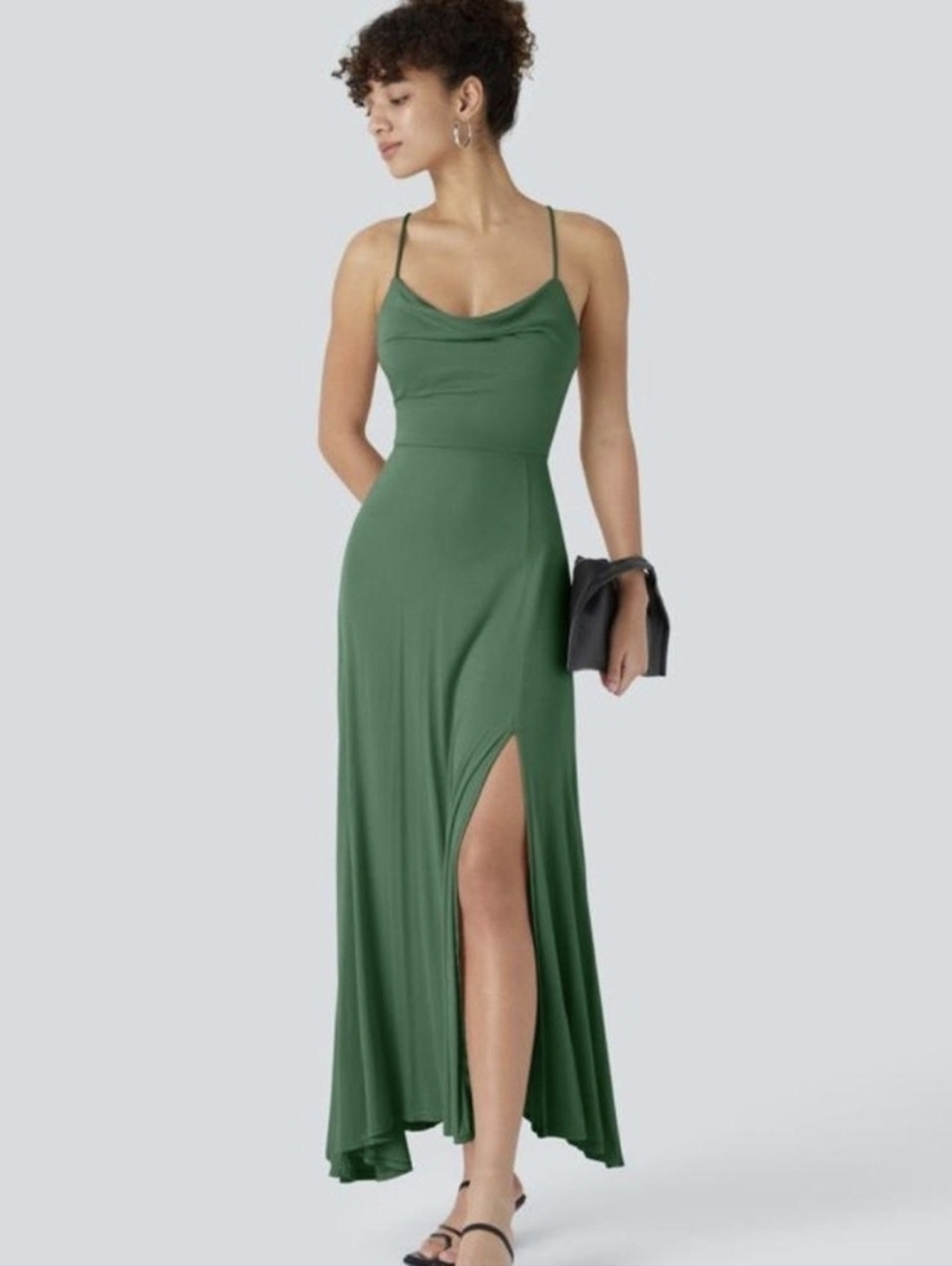 Green Spaghetti Strap Open Back Slit Maxi Dress